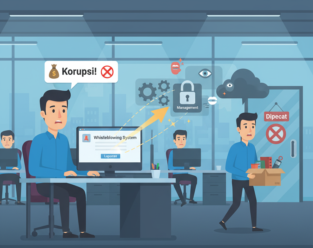Gambar sampul Implementasi Whistleblowing System hari ini adalah Kegagalan sistem dalam melindungi pelapor