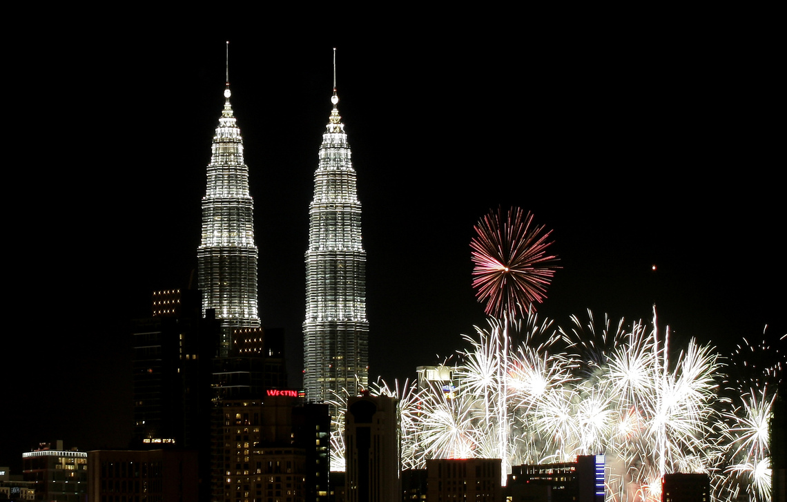 Fireworks around the Petronas Twin Towers