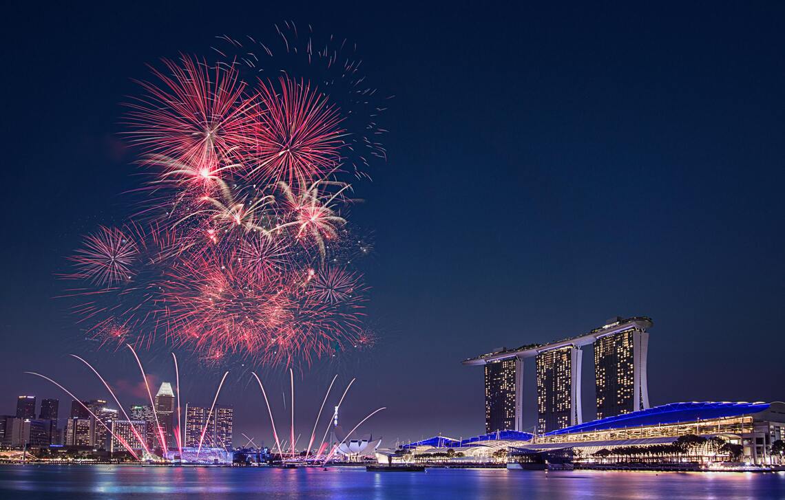 Fireworks over the Marina Bay Sands Hotel in Singapore at night
