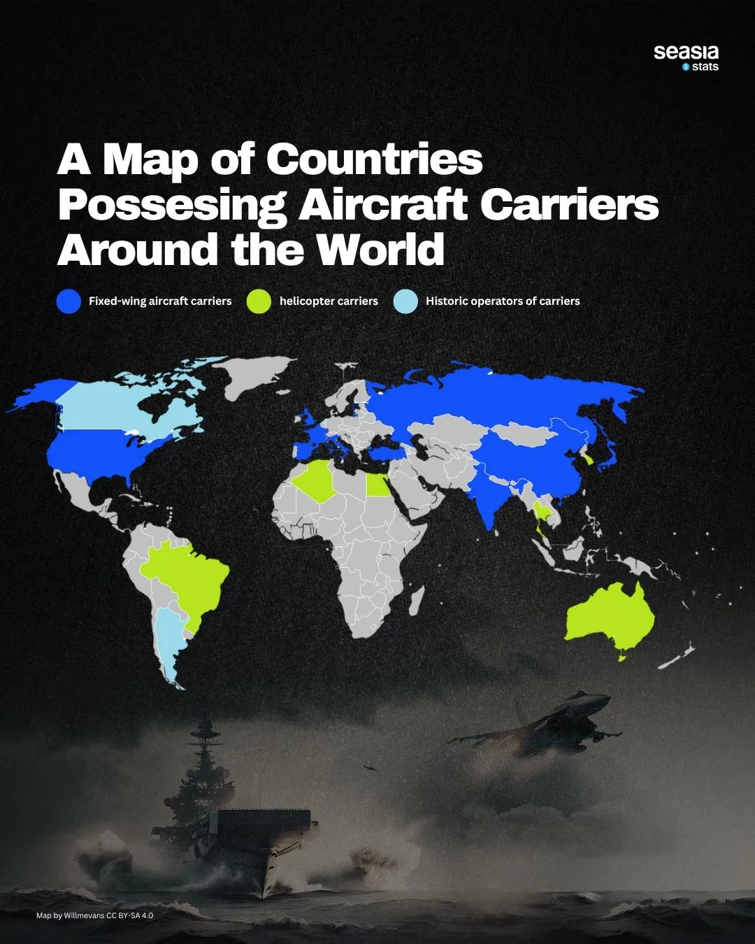 A Map of Countries Possesing Aircraft Carriers Around the World